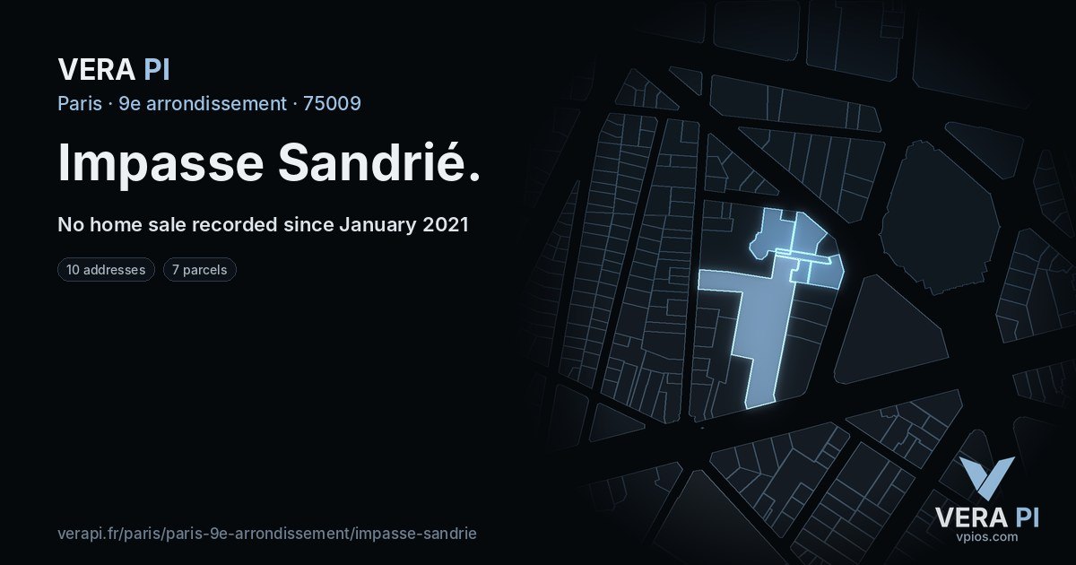 Impasse Sandrié, 9e arrondissement at night – every parcel coloured by the prices around it, the street's own parcels lit