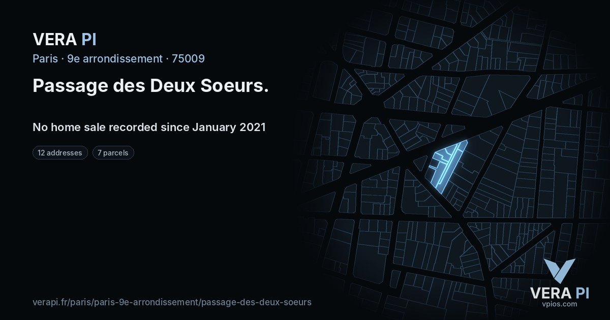 Passage des Deux Soeurs, 9e arrondissement at night – every parcel coloured by the prices around it, the street's own parcels lit