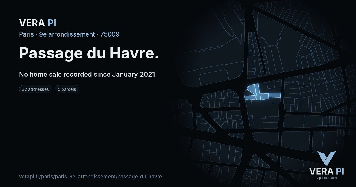 Passage du Havre, 9e arrondissement at night – every parcel coloured by the prices around it, the street's own parcels lit