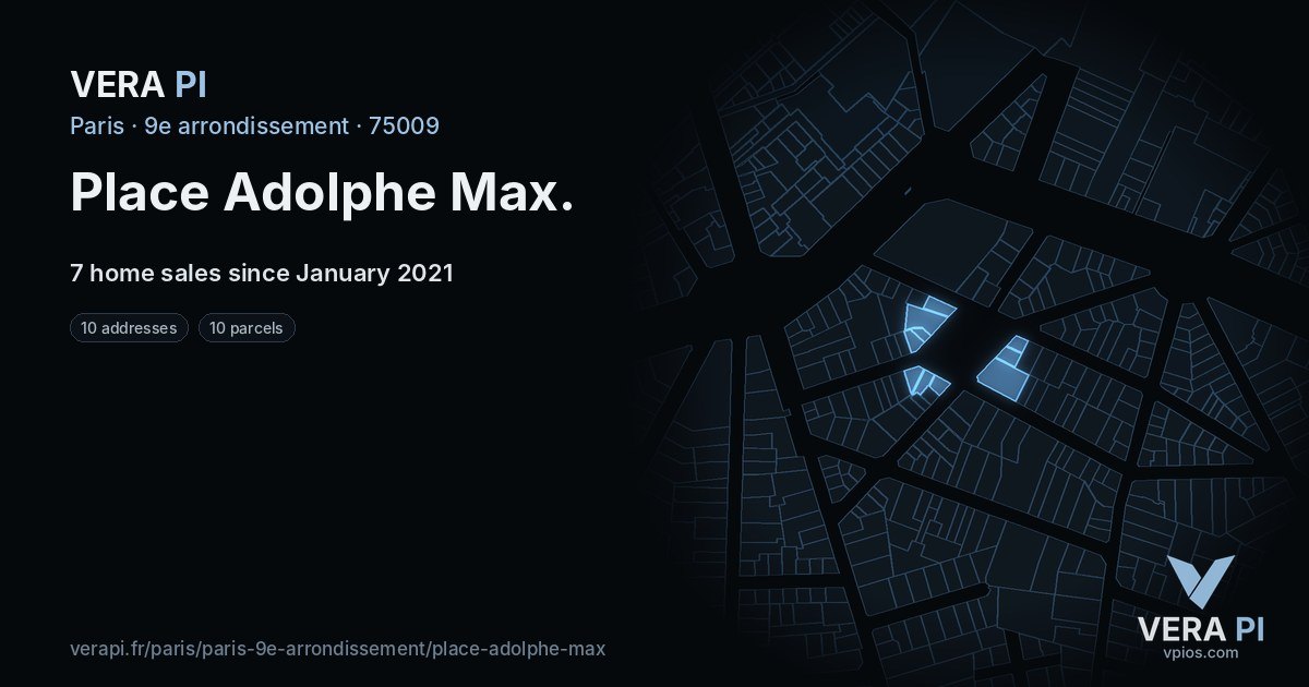 Place Adolphe Max, 9e arrondissement at night – every parcel coloured by the prices around it, the street's own parcels lit