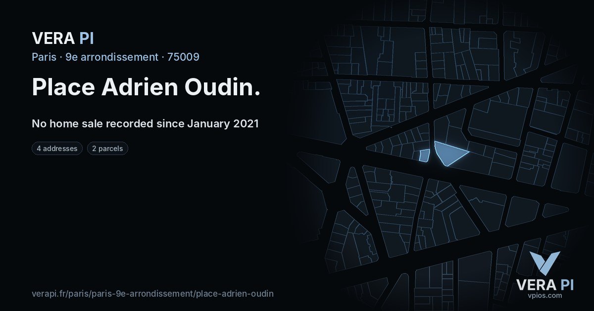 Place Adrien Oudin, 9e arrondissement at night – every parcel coloured by the prices around it, the street's own parcels lit