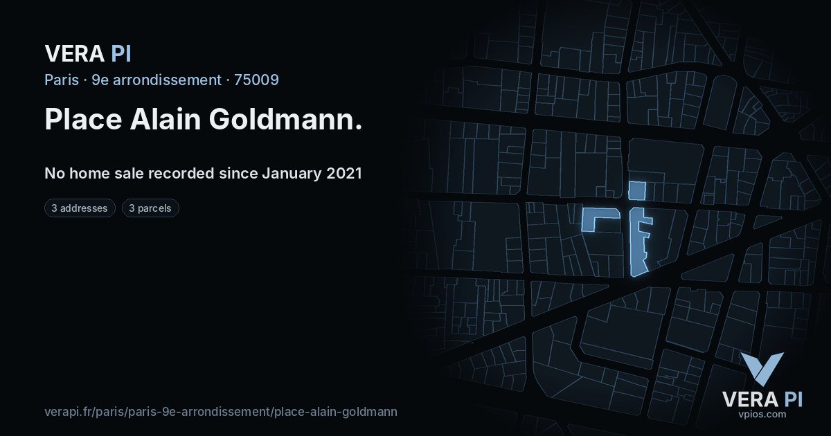 Place Alain Goldmann, 9e arrondissement at night – every parcel coloured by the prices around it, the street's own parcels lit