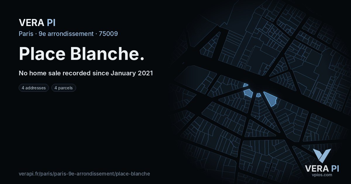 Place Blanche, 9e arrondissement at night – every parcel coloured by the prices around it, the street's own parcels lit