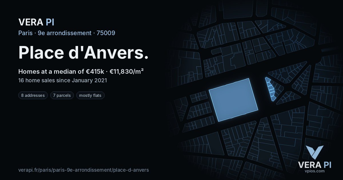 Place d'Anvers, 9e arrondissement at night – every parcel coloured by the prices around it, the street's own parcels lit