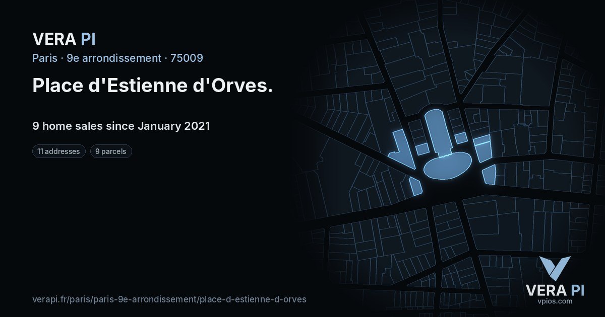 Place d'Estienne d'Orves, 9e arrondissement at night – every parcel coloured by the prices around it, the street's own parcels lit