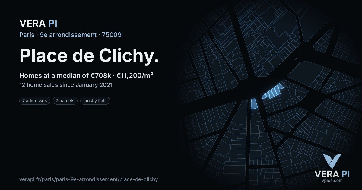 Place de Clichy, 9e arrondissement at night – every parcel coloured by the prices around it, the street's own parcels lit