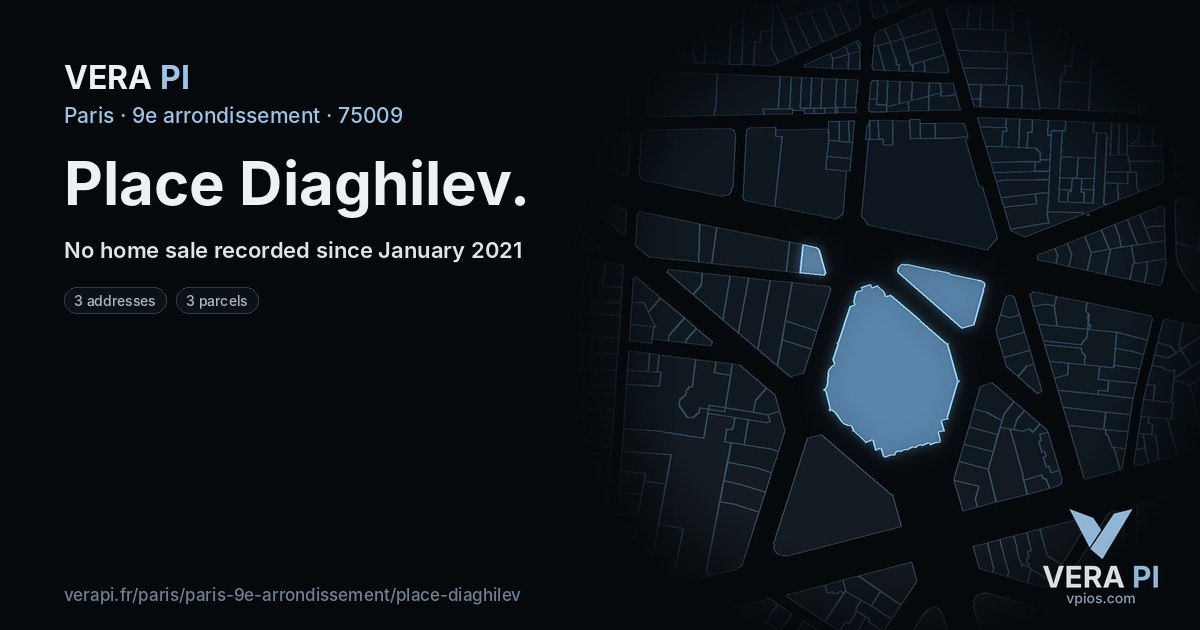 Place Diaghilev, 9e arrondissement at night – every parcel coloured by the prices around it, the street's own parcels lit