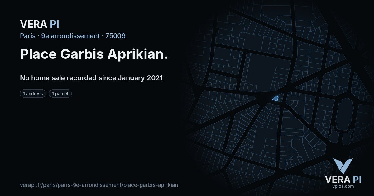 Place Garbis Aprikian, 9e arrondissement at night – every parcel coloured by the prices around it, the street's own parcels lit