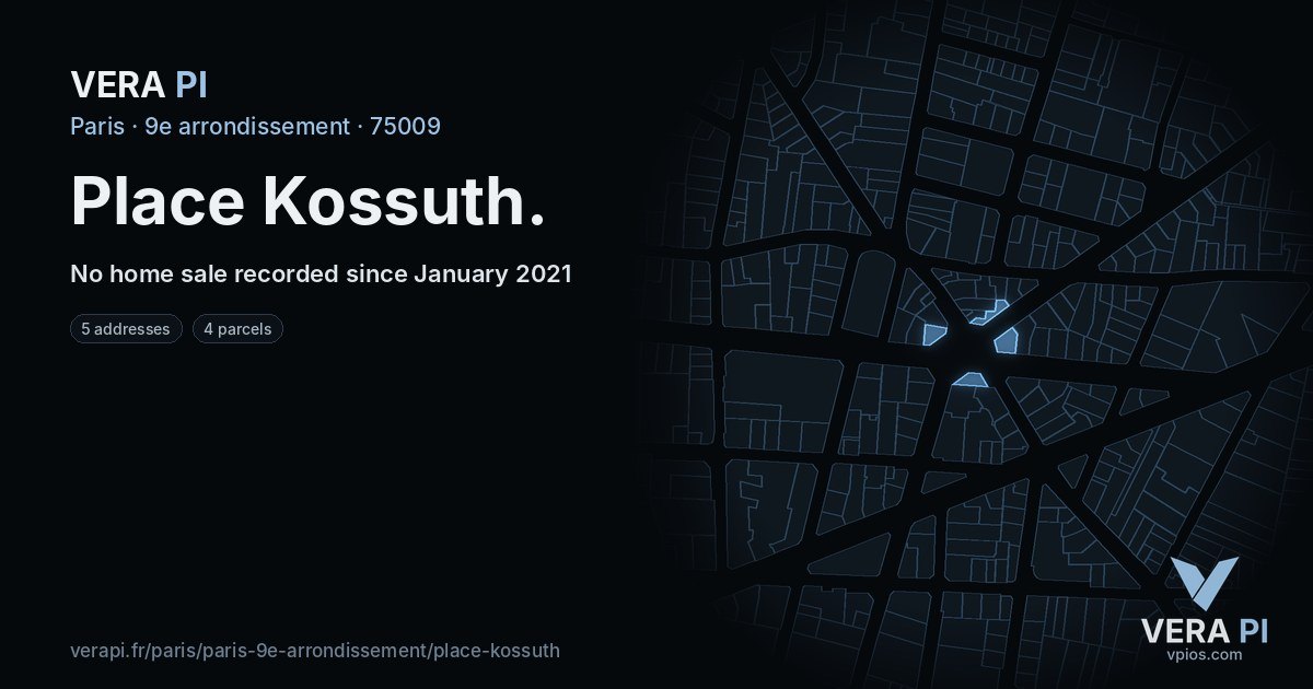 Place Kossuth, 9e arrondissement at night – every parcel coloured by the prices around it, the street's own parcels lit