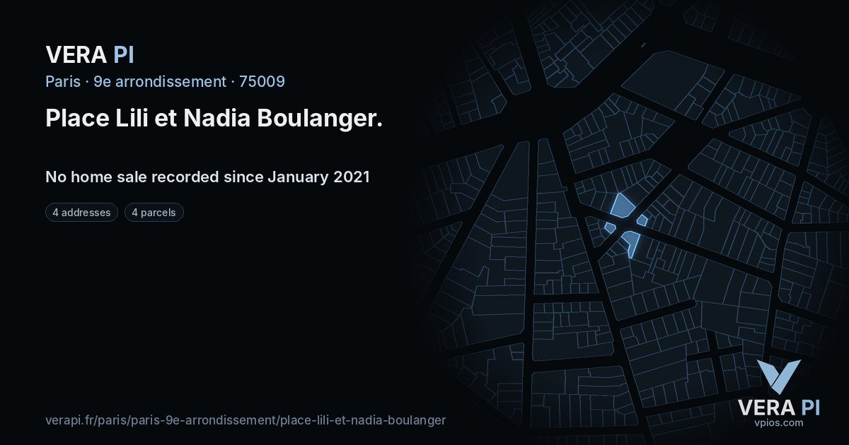 Place Lili et Nadia Boulanger, 9e arrondissement at night – every parcel coloured by the prices around it, the street's own parcels lit