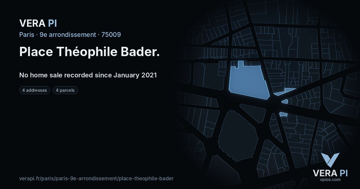Place Théophile Bader, 9e arrondissement at night – every parcel coloured by the prices around it, the street's own parcels lit
