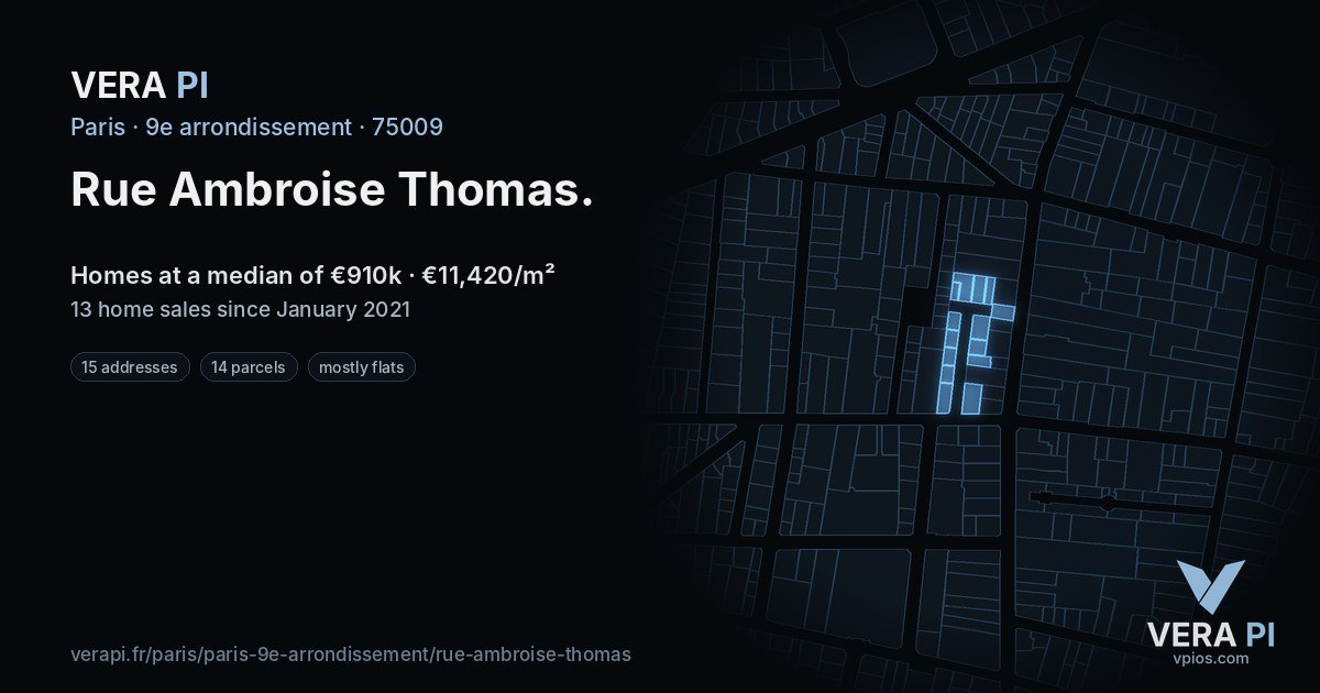 Rue Ambroise Thomas, 9e arrondissement at night – every parcel coloured by the prices around it, the street's own parcels lit