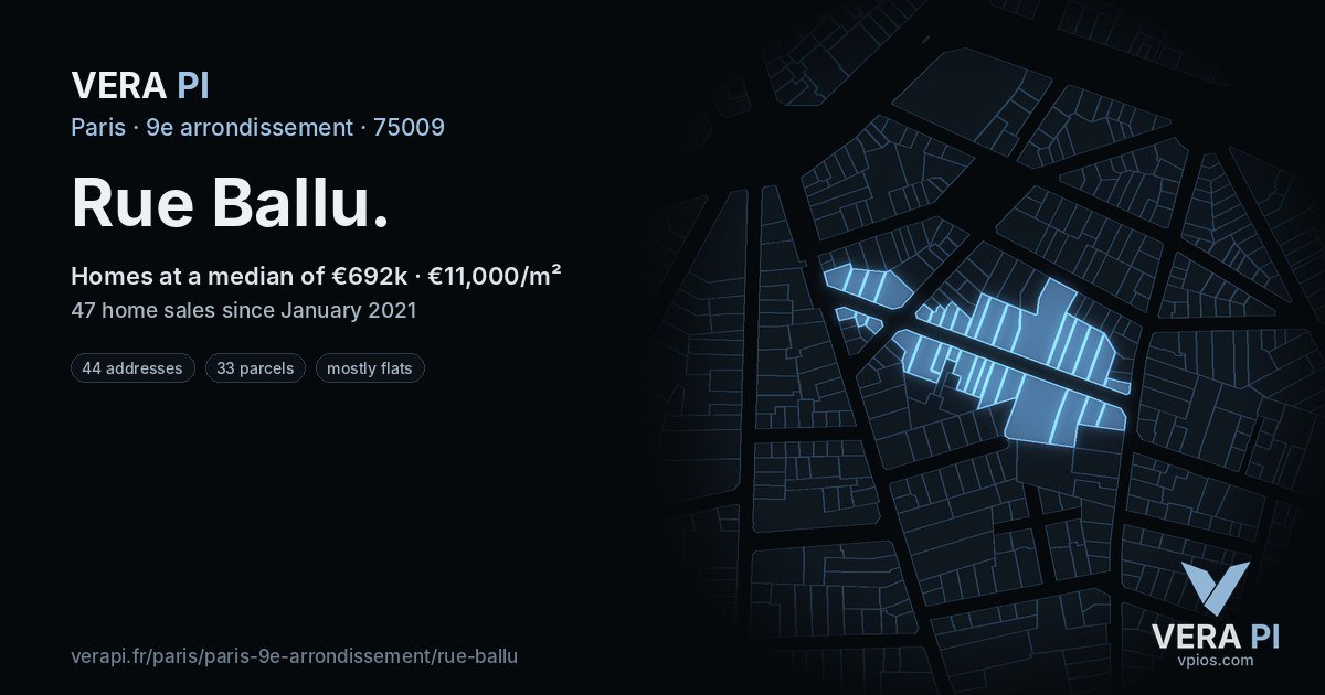 Rue Ballu, 9e arrondissement at night – every parcel coloured by the prices around it, the street's own parcels lit