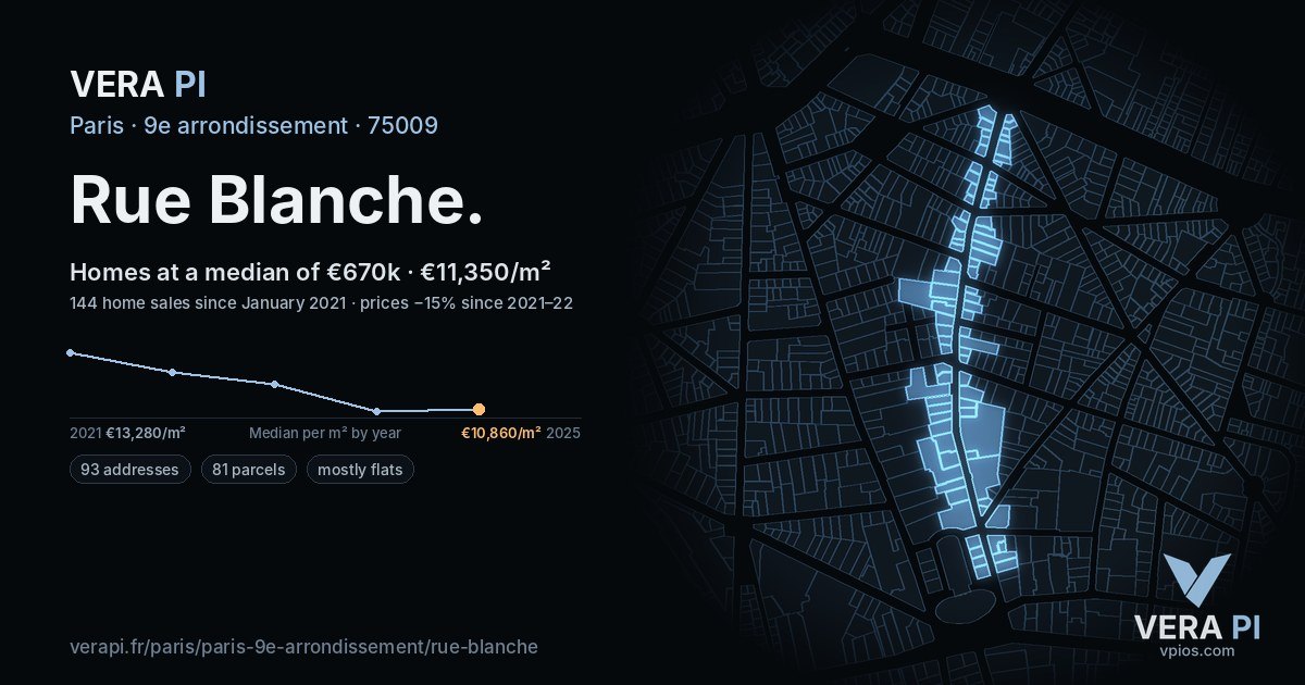 Rue Blanche, 9e arrondissement at night – every parcel coloured by the prices around it, the street's own parcels lit