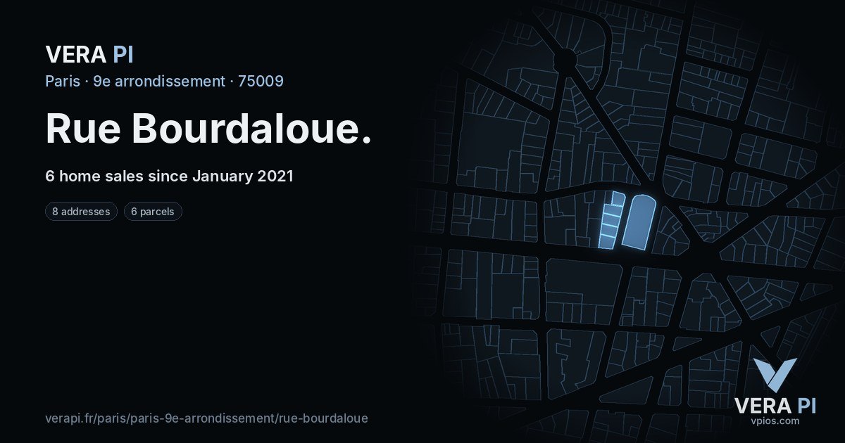 Rue Bourdaloue, 9e arrondissement at night – every parcel coloured by the prices around it, the street's own parcels lit