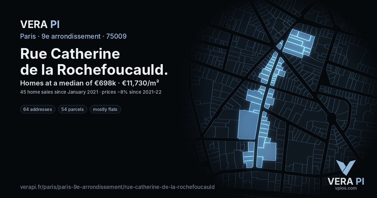Rue Catherine de la Rochefoucauld, 9e arrondissement at night – every parcel coloured by the prices around it, the street's own parcels lit