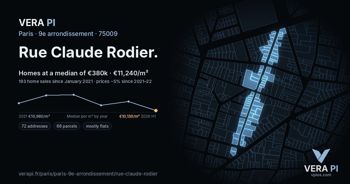 Rue Claude Rodier, 9e arrondissement at night – every parcel coloured by the prices around it, the street's own parcels lit