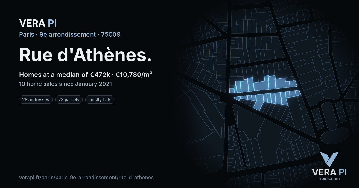 Rue d'Athènes, 9e arrondissement at night – every parcel coloured by the prices around it, the street's own parcels lit