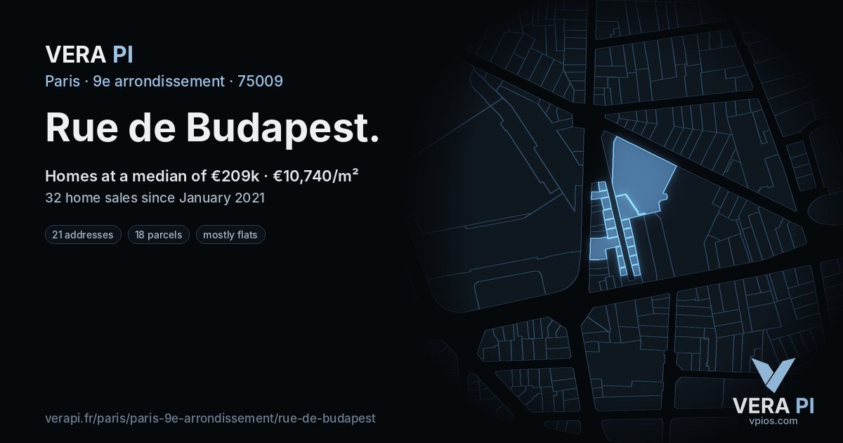 Rue de Budapest, 9e arrondissement at night – every parcel coloured by the prices around it, the street's own parcels lit