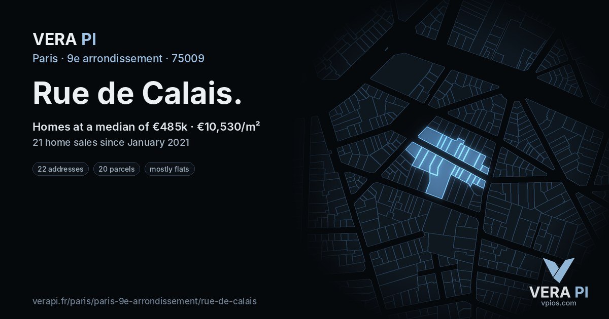 Rue de Calais, 9e arrondissement at night – every parcel coloured by the prices around it, the street's own parcels lit