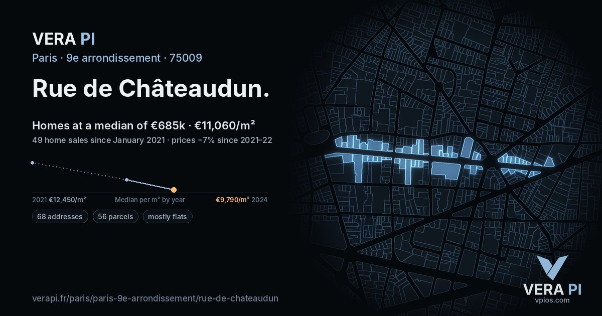 Rue de Châteaudun, 9e arrondissement at night – every parcel coloured by the prices around it, the street's own parcels lit