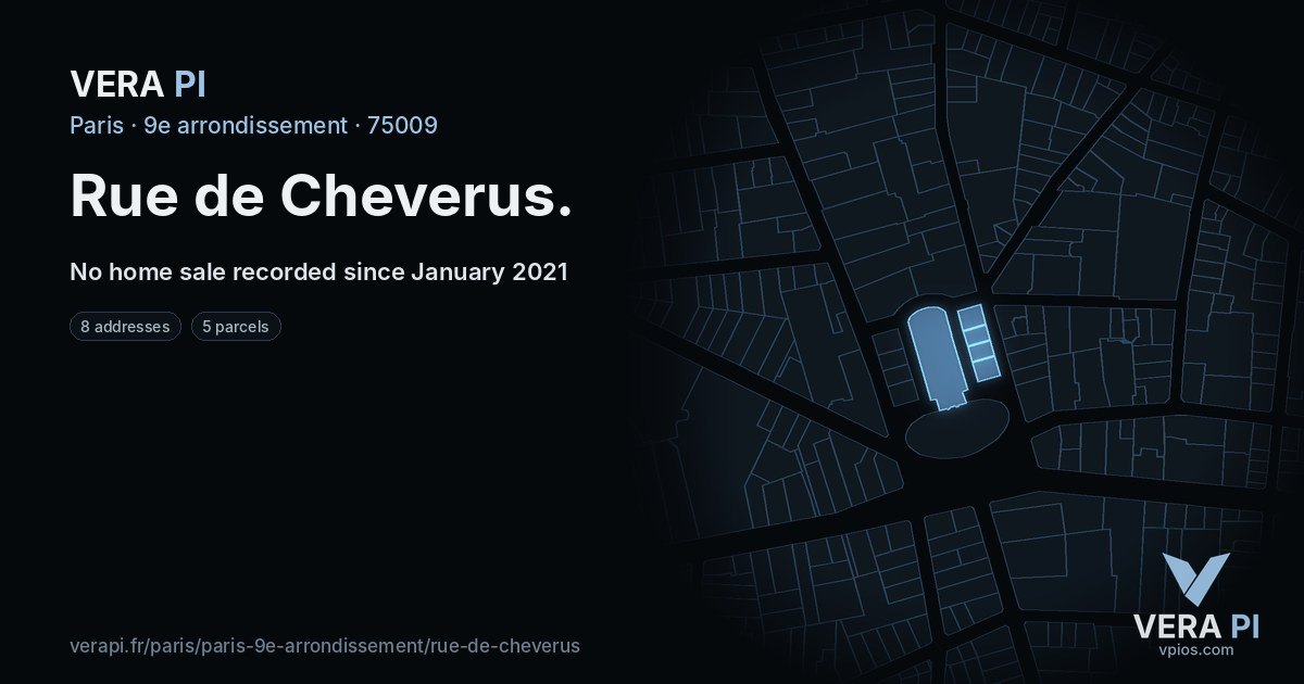 Rue de Cheverus, 9e arrondissement at night – every parcel coloured by the prices around it, the street's own parcels lit