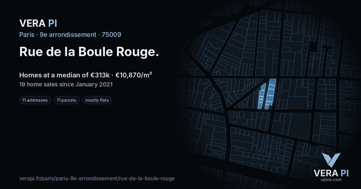 Rue de la Boule Rouge, 9e arrondissement at night – every parcel coloured by the prices around it, the street's own parcels lit