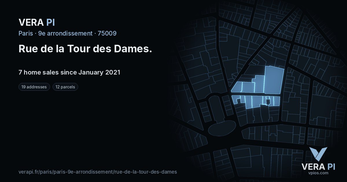 Rue de la Tour des Dames, 9e arrondissement at night – every parcel coloured by the prices around it, the street's own parcels lit