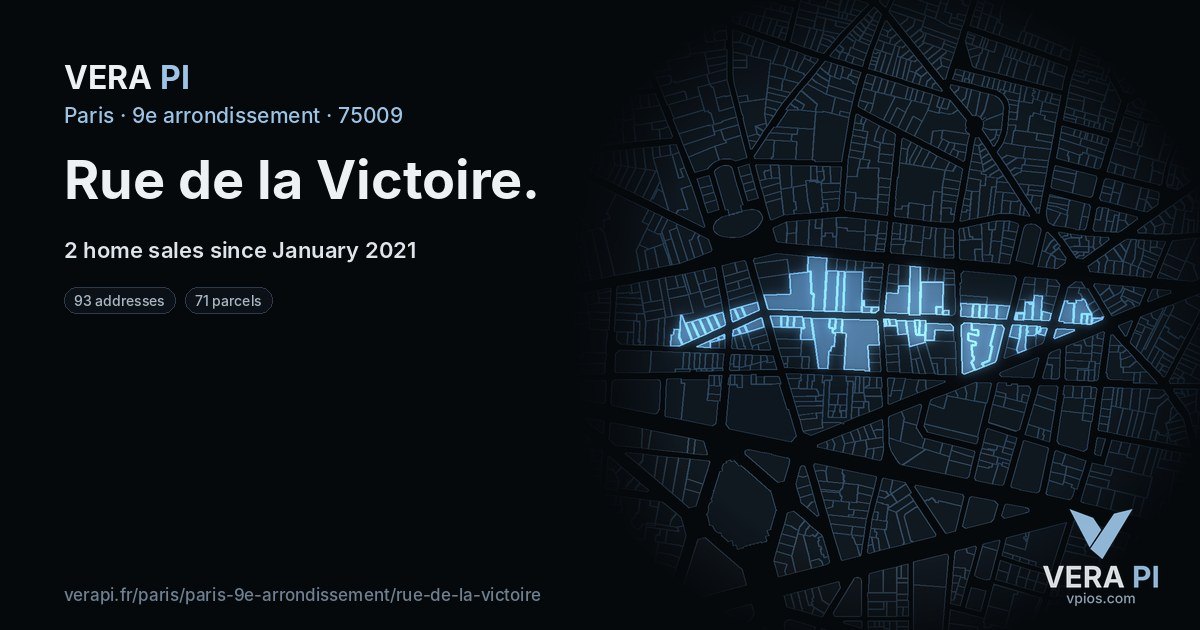 Rue de la Victoire, 9e arrondissement at night – every parcel coloured by the prices around it, the street's own parcels lit