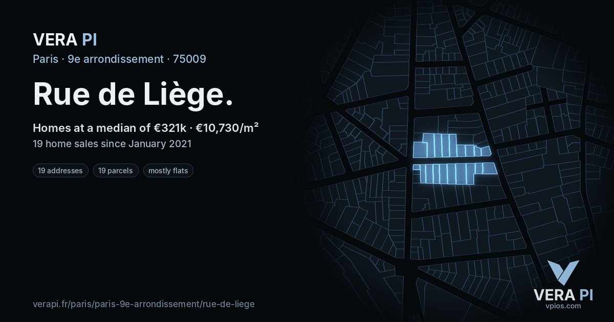 Rue de Liège, 9e arrondissement at night – every parcel coloured by the prices around it, the street's own parcels lit