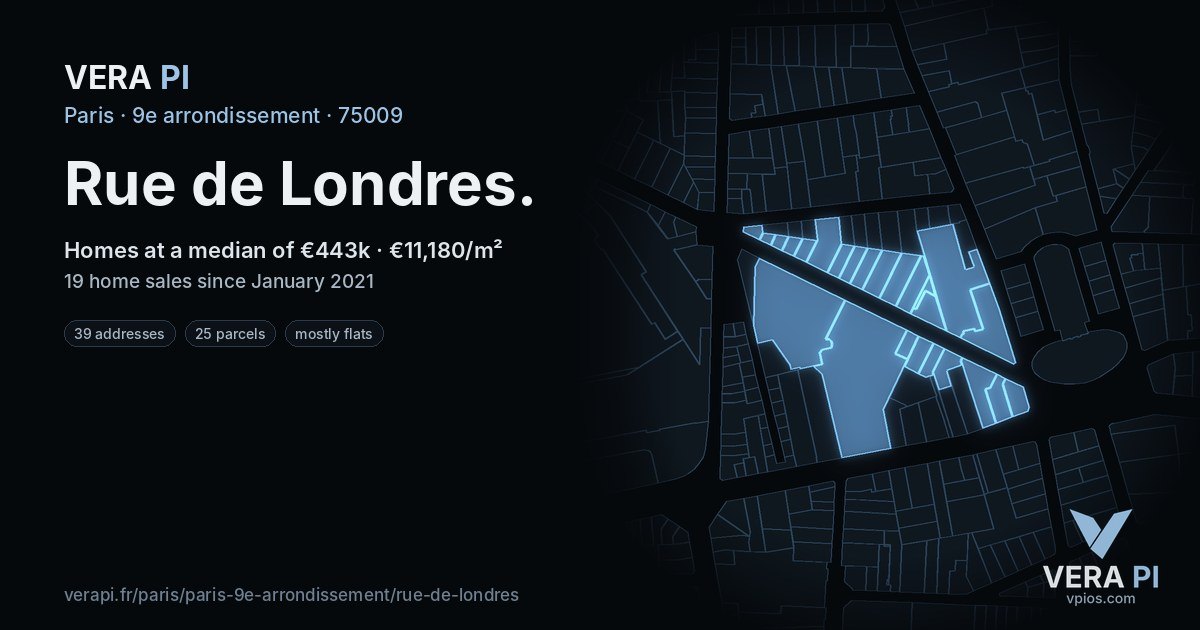 Rue de Londres, 9e arrondissement at night – every parcel coloured by the prices around it, the street's own parcels lit