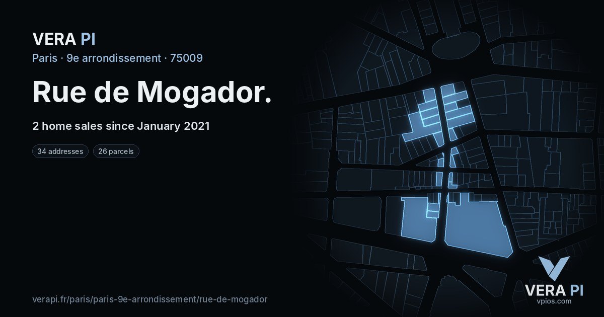 Rue de Mogador, 9e arrondissement at night – every parcel coloured by the prices around it, the street's own parcels lit