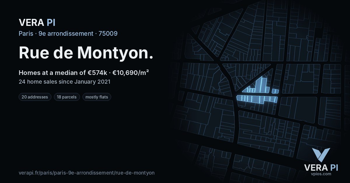 Rue de Montyon, 9e arrondissement at night – every parcel coloured by the prices around it, the street's own parcels lit