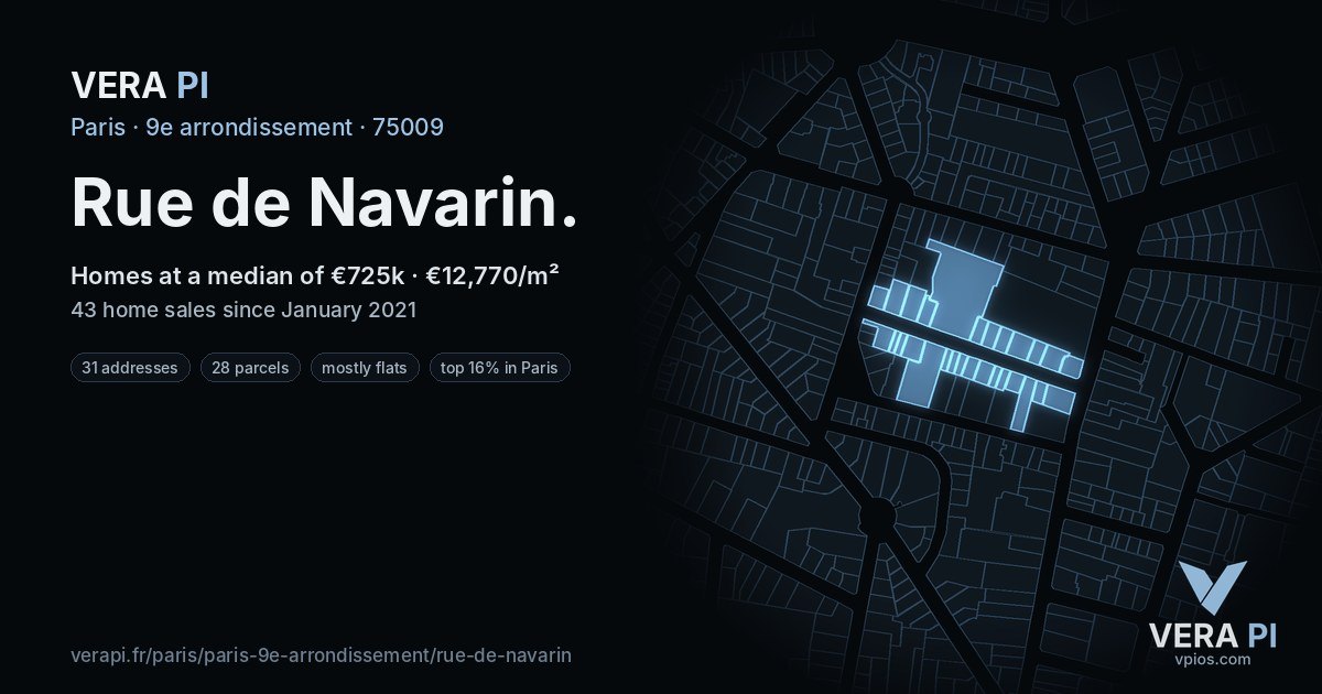 Rue de Navarin, 9e arrondissement at night – every parcel coloured by the prices around it, the street's own parcels lit
