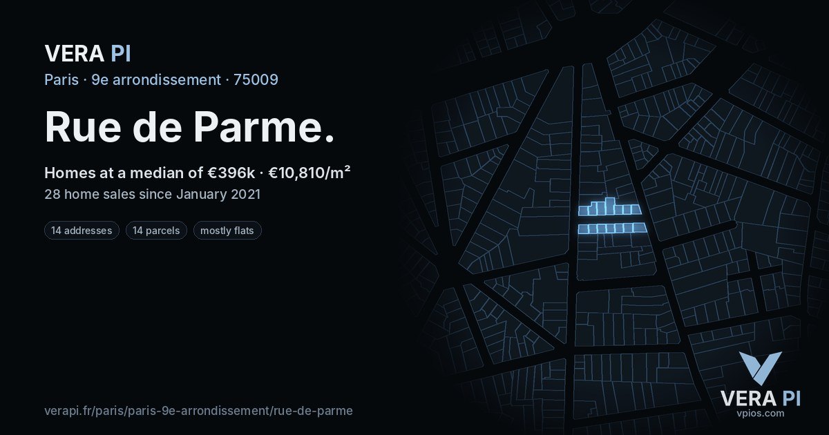Rue de Parme, 9e arrondissement at night – every parcel coloured by the prices around it, the street's own parcels lit