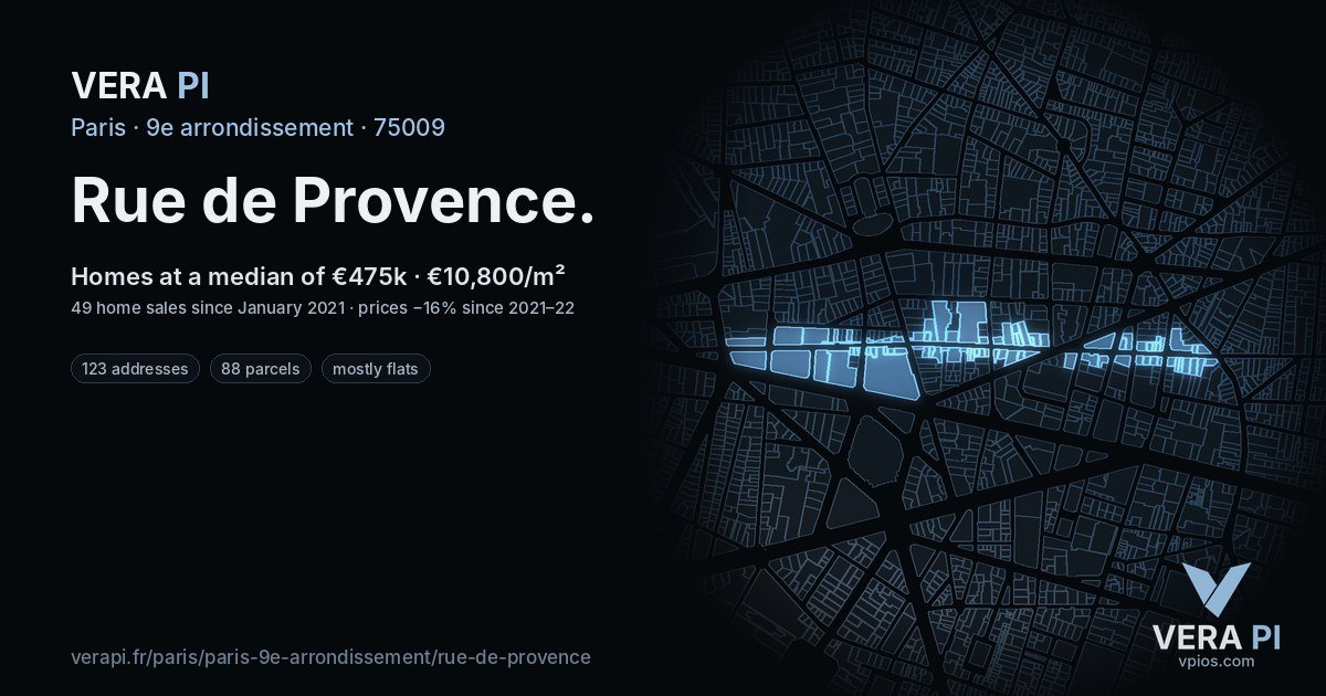 Rue de Provence, 9e arrondissement at night – every parcel coloured by the prices around it, the street's own parcels lit