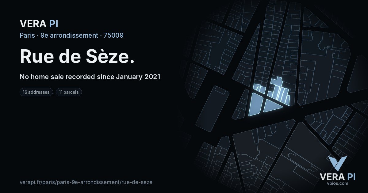 Rue de Sèze, 9e arrondissement at night – every parcel coloured by the prices around it, the street's own parcels lit