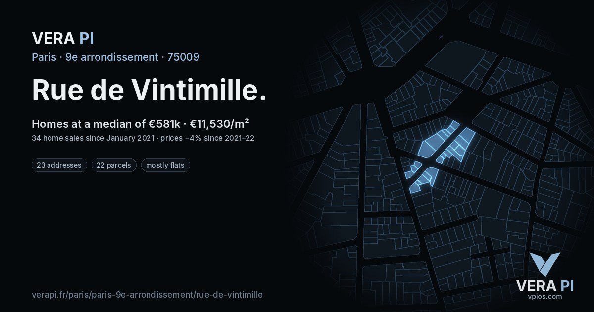 Rue de Vintimille, 9e arrondissement at night – every parcel coloured by the prices around it, the street's own parcels lit