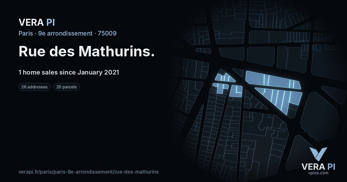 Rue des Mathurins, 9e arrondissement at night – every parcel coloured by the prices around it, the street's own parcels lit