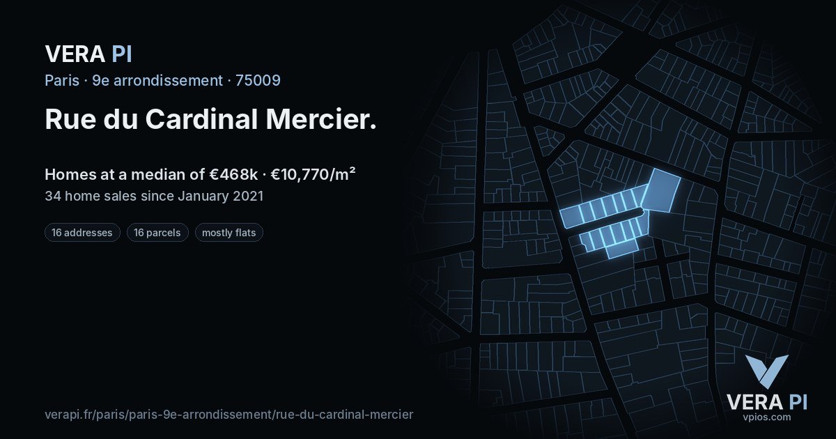 Rue du Cardinal Mercier, 9e arrondissement at night – every parcel coloured by the prices around it, the street's own parcels lit