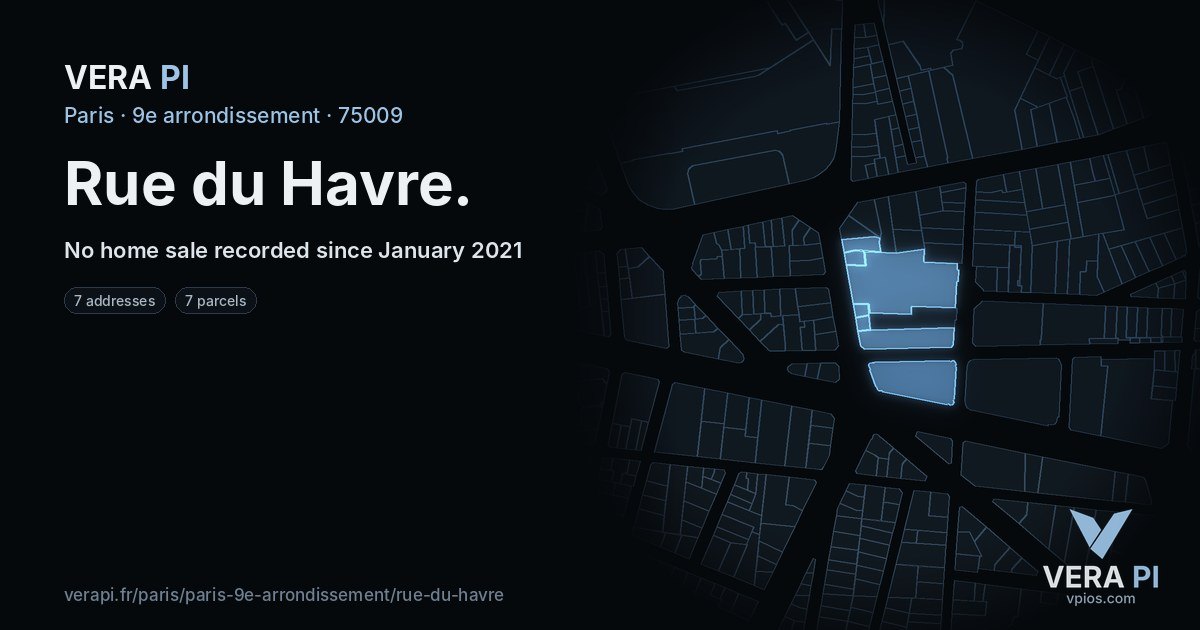 Rue du Havre, 9e arrondissement at night – every parcel coloured by the prices around it, the street's own parcels lit