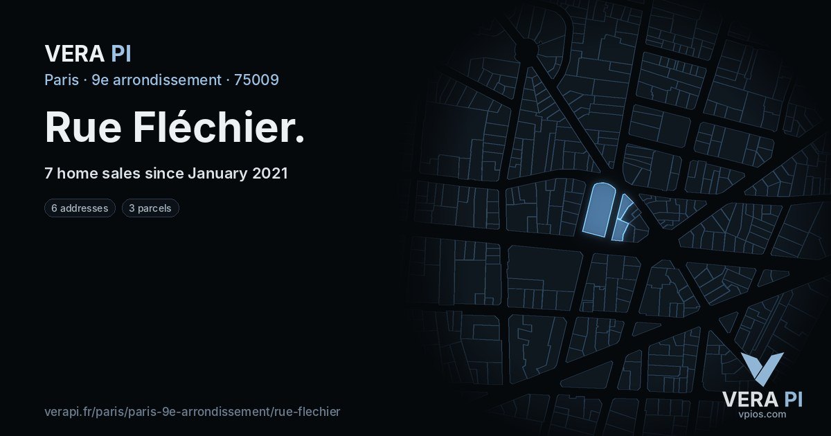 Rue Fléchier, 9e arrondissement at night – every parcel coloured by the prices around it, the street's own parcels lit