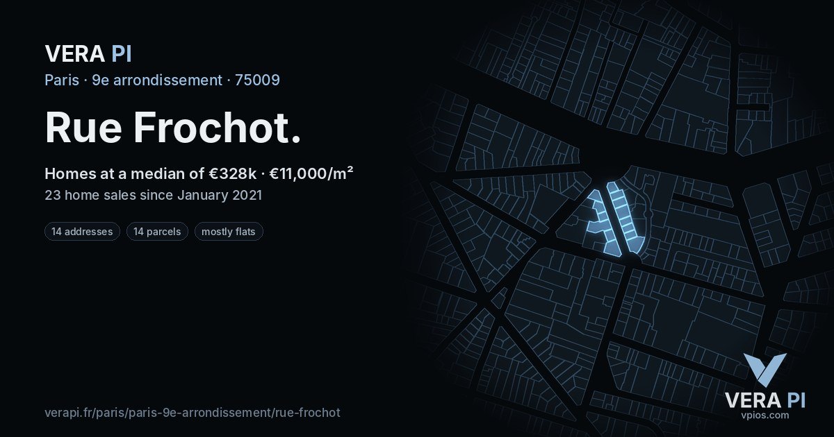 Rue Frochot, 9e arrondissement at night – every parcel coloured by the prices around it, the street's own parcels lit