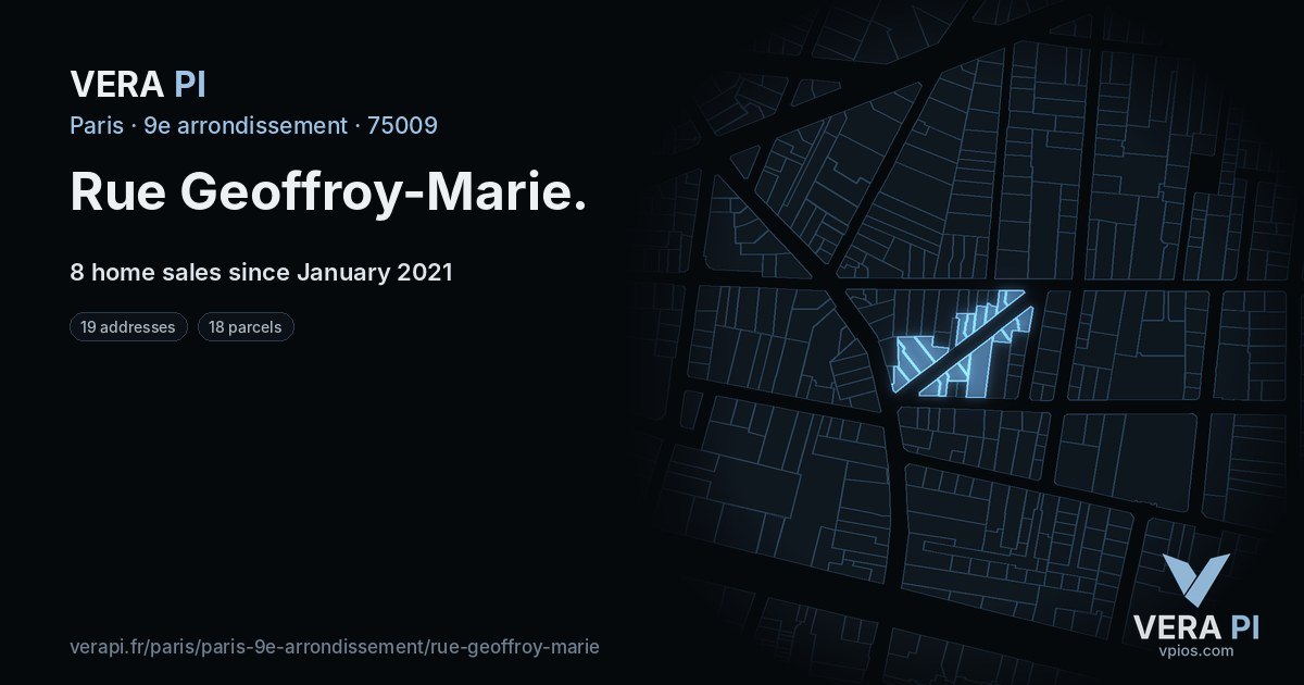 Rue Geoffroy-Marie, 9e arrondissement at night – every parcel coloured by the prices around it, the street's own parcels lit