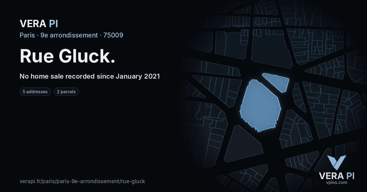 Rue Gluck, 9e arrondissement at night – every parcel coloured by the prices around it, the street's own parcels lit
