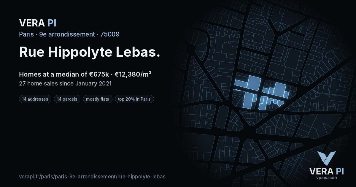 Rue Hippolyte Lebas, 9e arrondissement at night – every parcel coloured by the prices around it, the street's own parcels lit