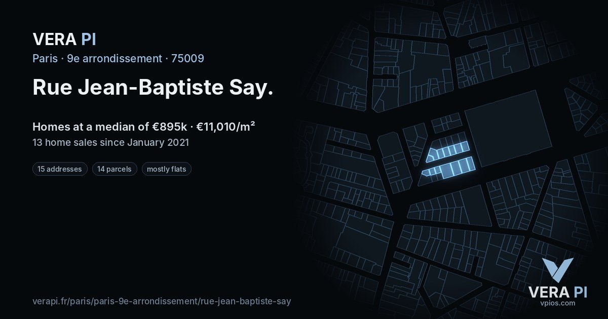 Rue Jean-Baptiste Say, 9e arrondissement at night – every parcel coloured by the prices around it, the street's own parcels lit