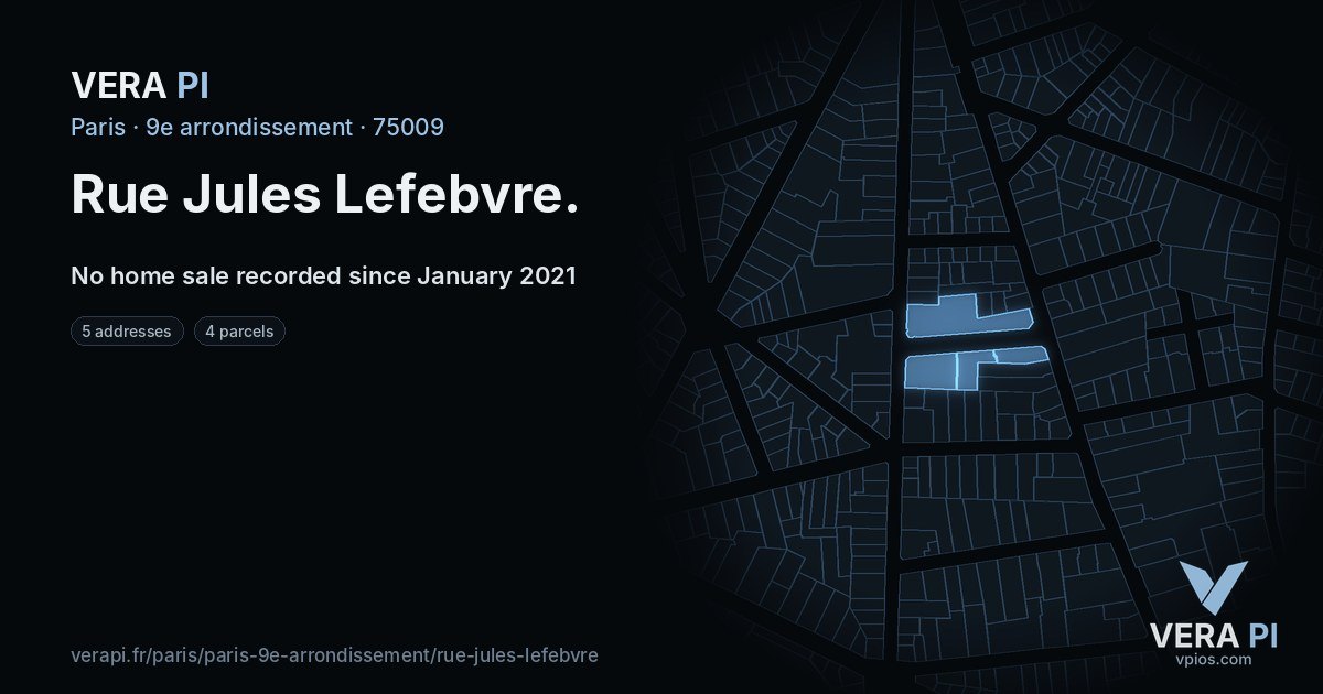 Rue Jules Lefebvre, 9e arrondissement at night – every parcel coloured by the prices around it, the street's own parcels lit