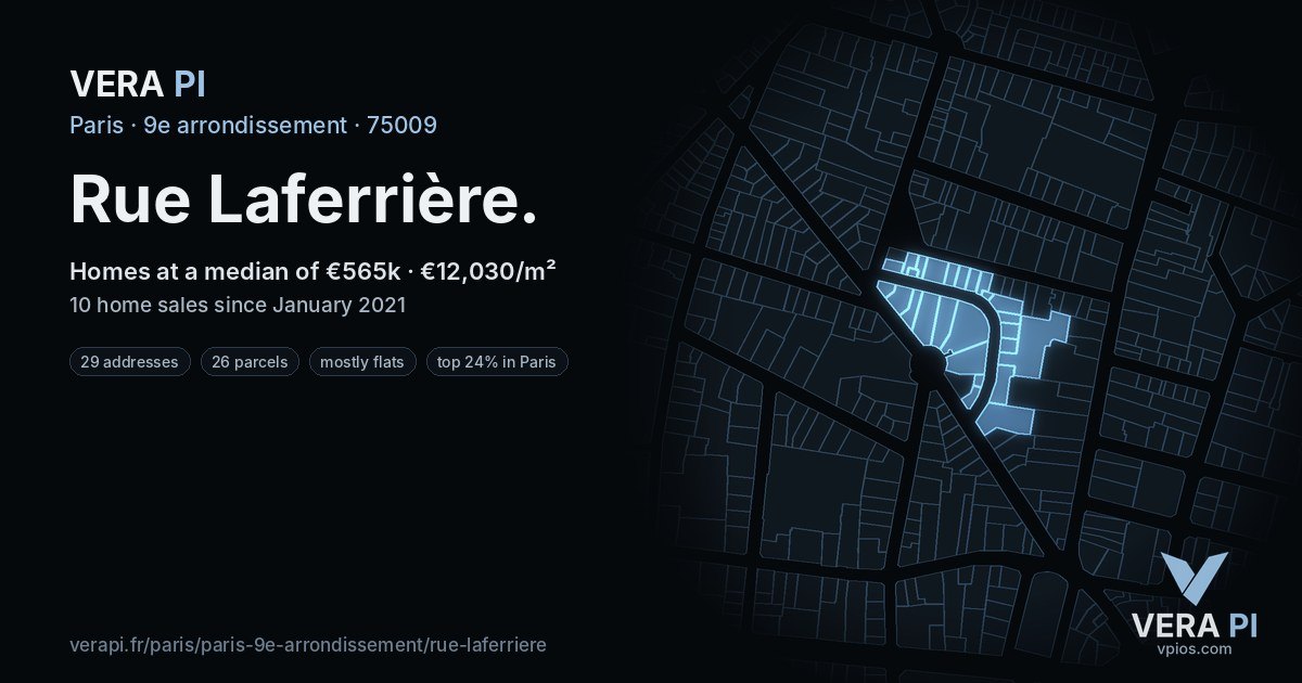 Rue Laferrière, 9e arrondissement at night – every parcel coloured by the prices around it, the street's own parcels lit