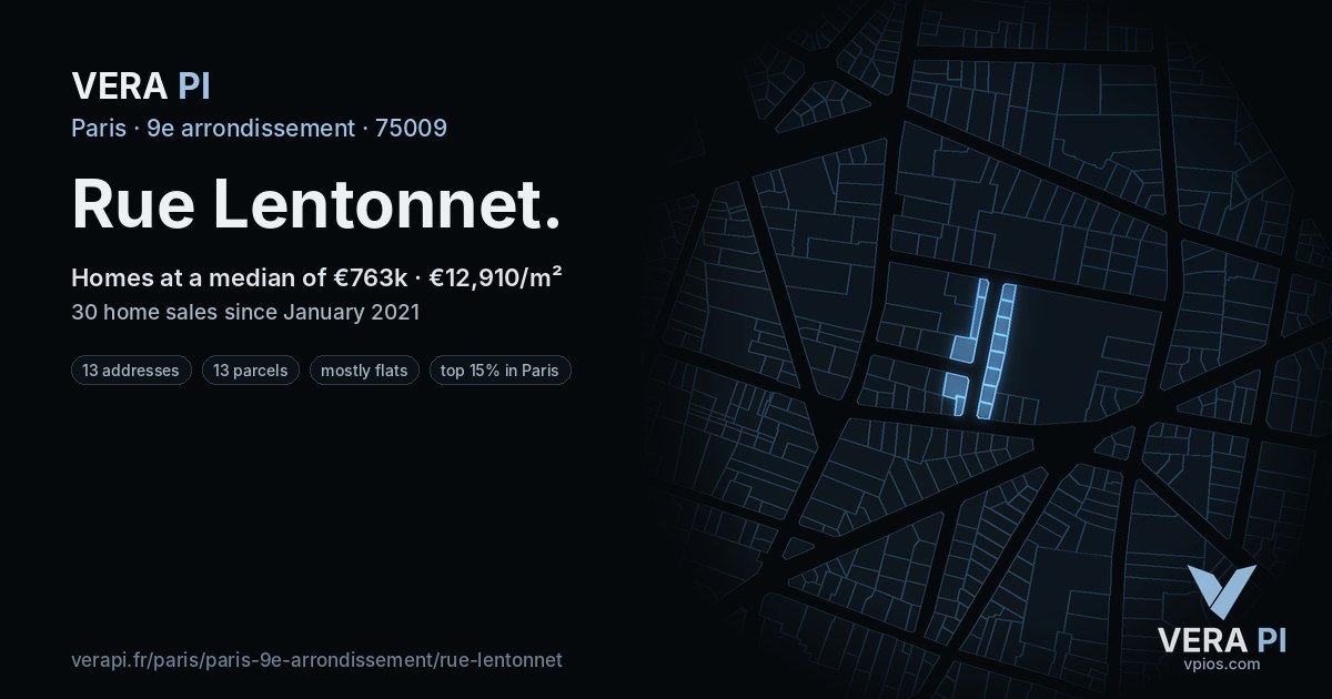 Rue Lentonnet, 9e arrondissement at night – every parcel coloured by the prices around it, the street's own parcels lit
